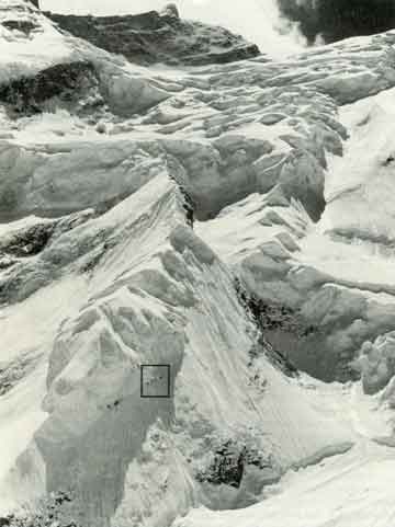 
View of the Dutch Rib showing 4 climbers with Annapurna East above 1978 - Annapurna: A Woman's Place book
